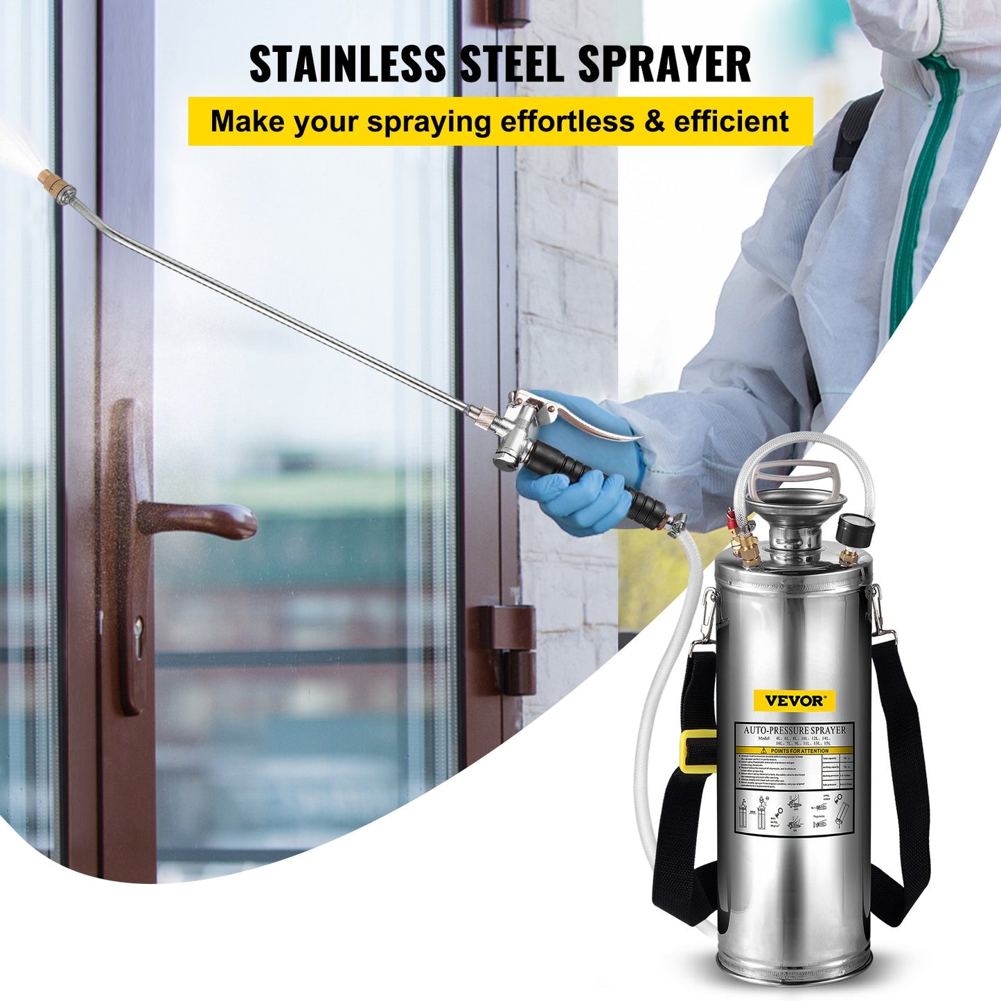 VEVOR 3Gal Stainless Steel Sprayer, Set with 20" Wand& Handle& 3FT Reinforced Hose,