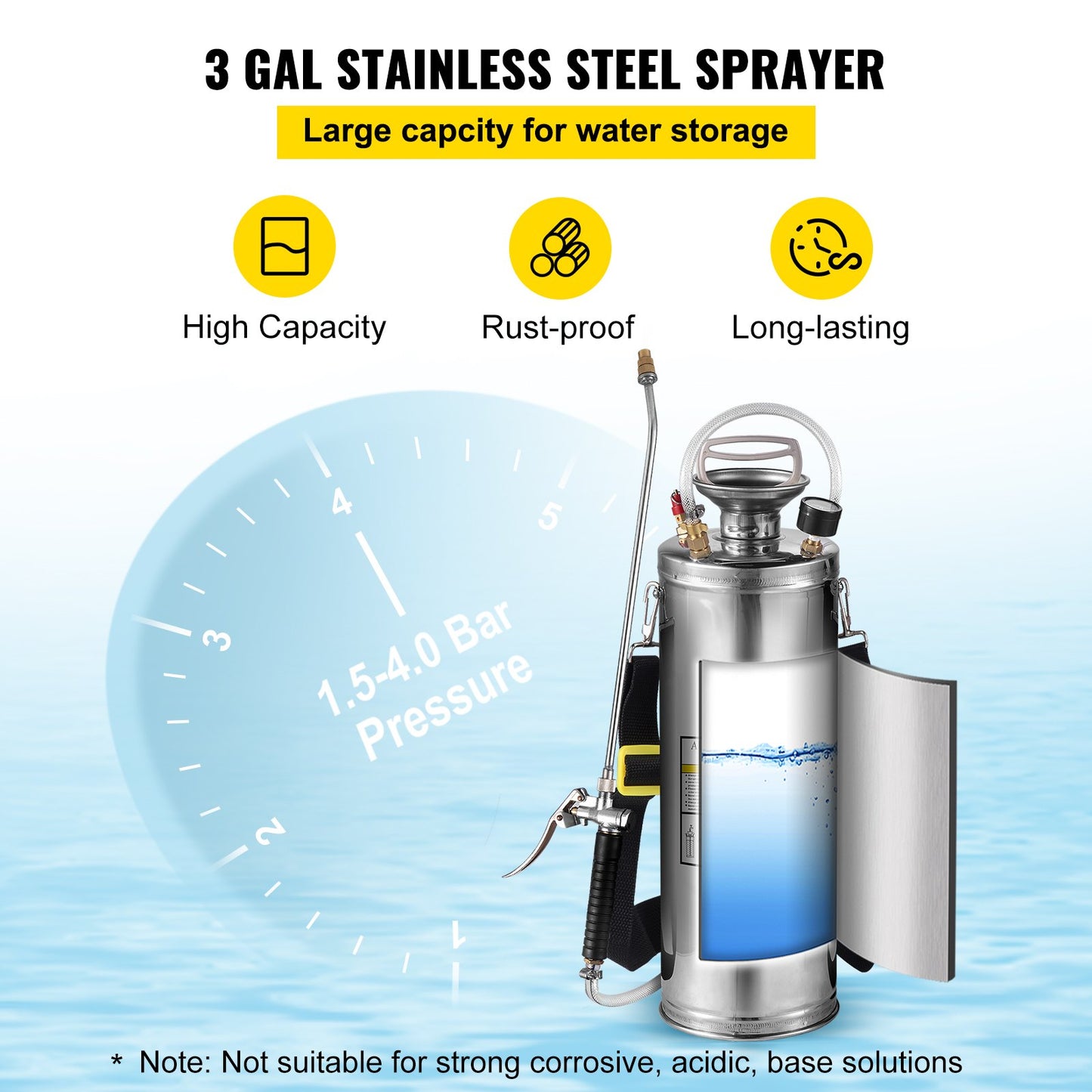 VEVOR 3Gal Stainless Steel Sprayer, Set with 20" Wand& Handle& 3FT Reinforced Hose,