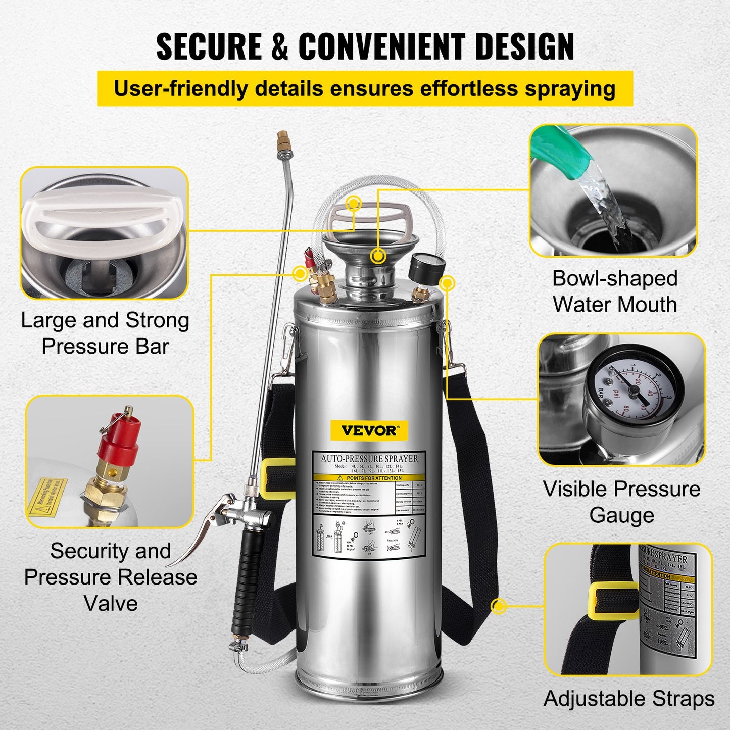 VEVOR 3Gal Stainless Steel Sprayer, Set with 20" Wand& Handle& 3FT Reinforced Hose,