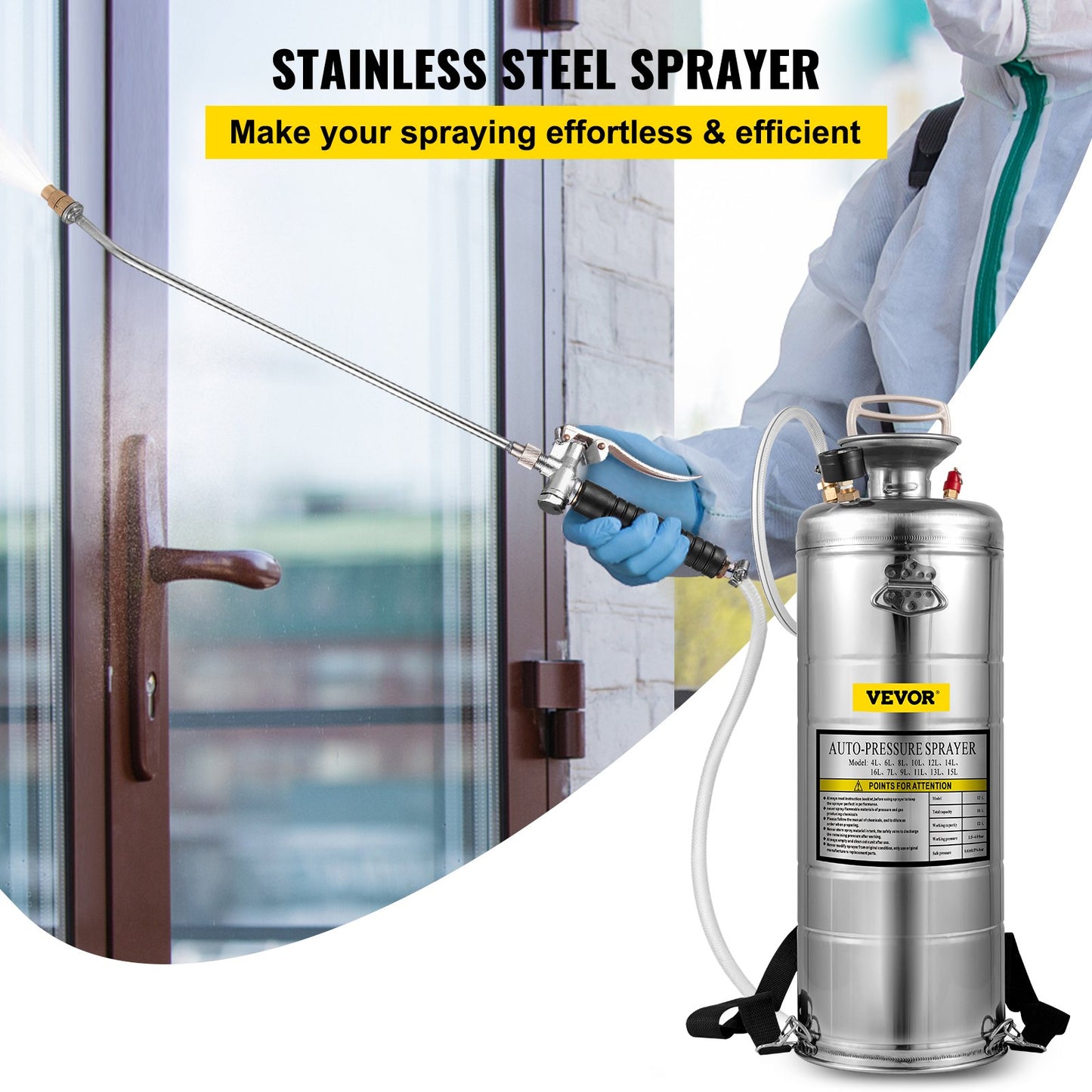 VEVOR 3.5Gal Stainless Steel Sprayer,l Set with 20" Wand& Handle& 3FT Reinforced