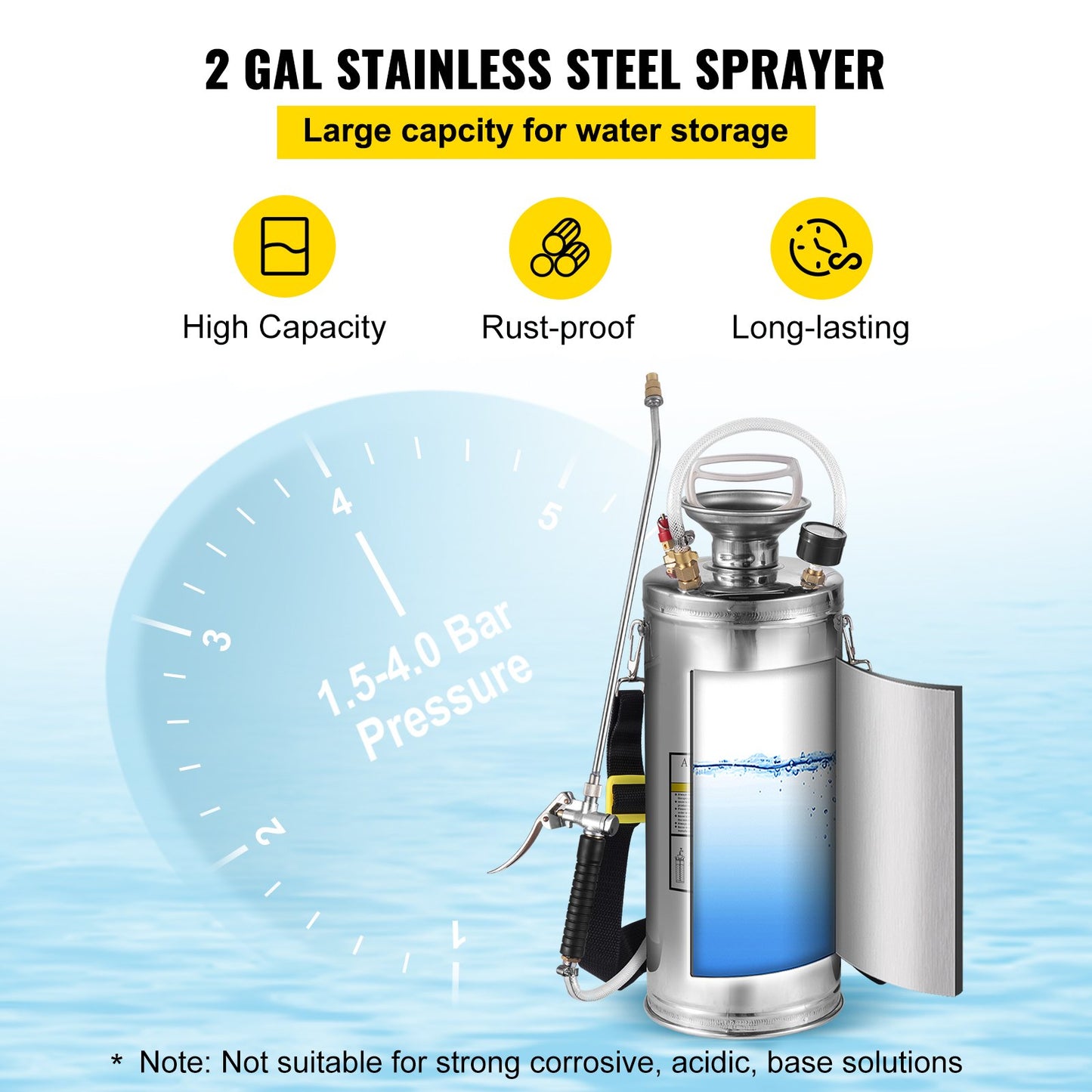 VEVOR 2Gal Stainless Steel Sprayer, Set with 20\" Wand& Handle& 3FT Reinforced Hose,