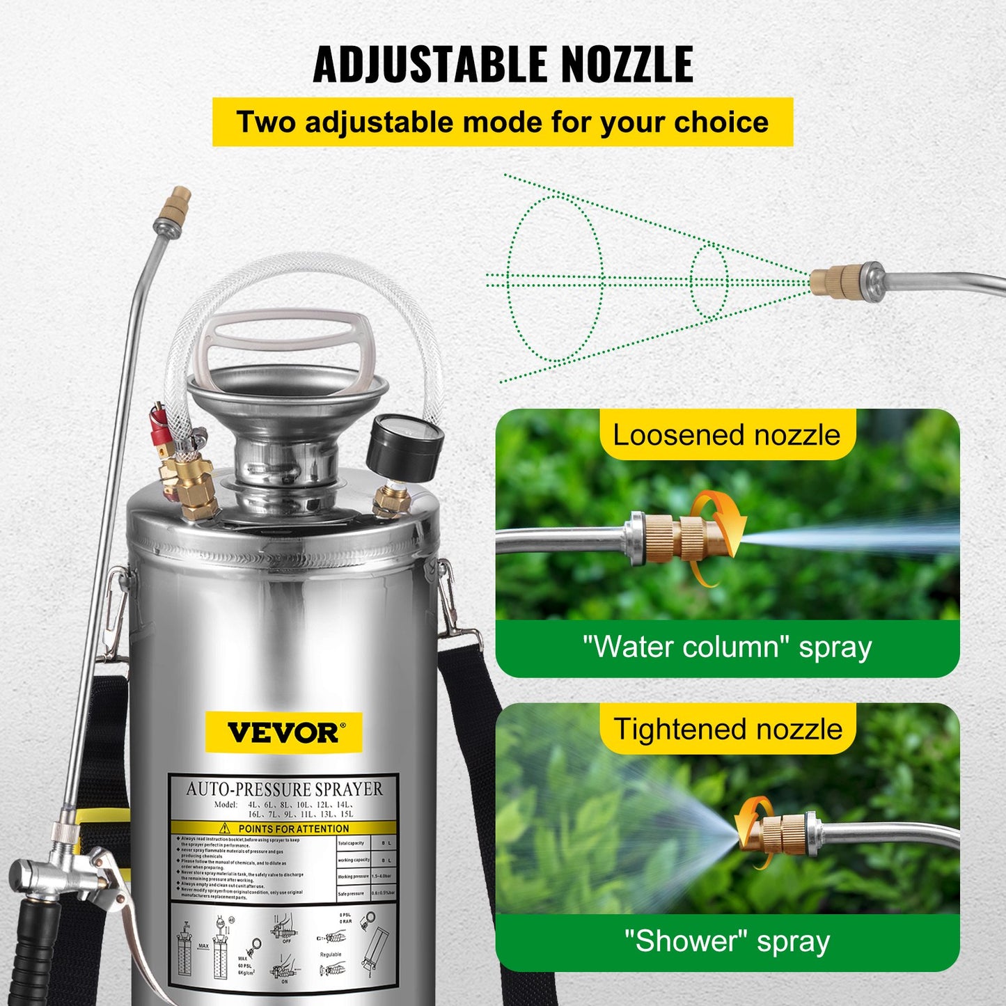 VEVOR 2Gal Stainless Steel Sprayer, Set with 20\" Wand& Handle& 3FT Reinforced Hose,