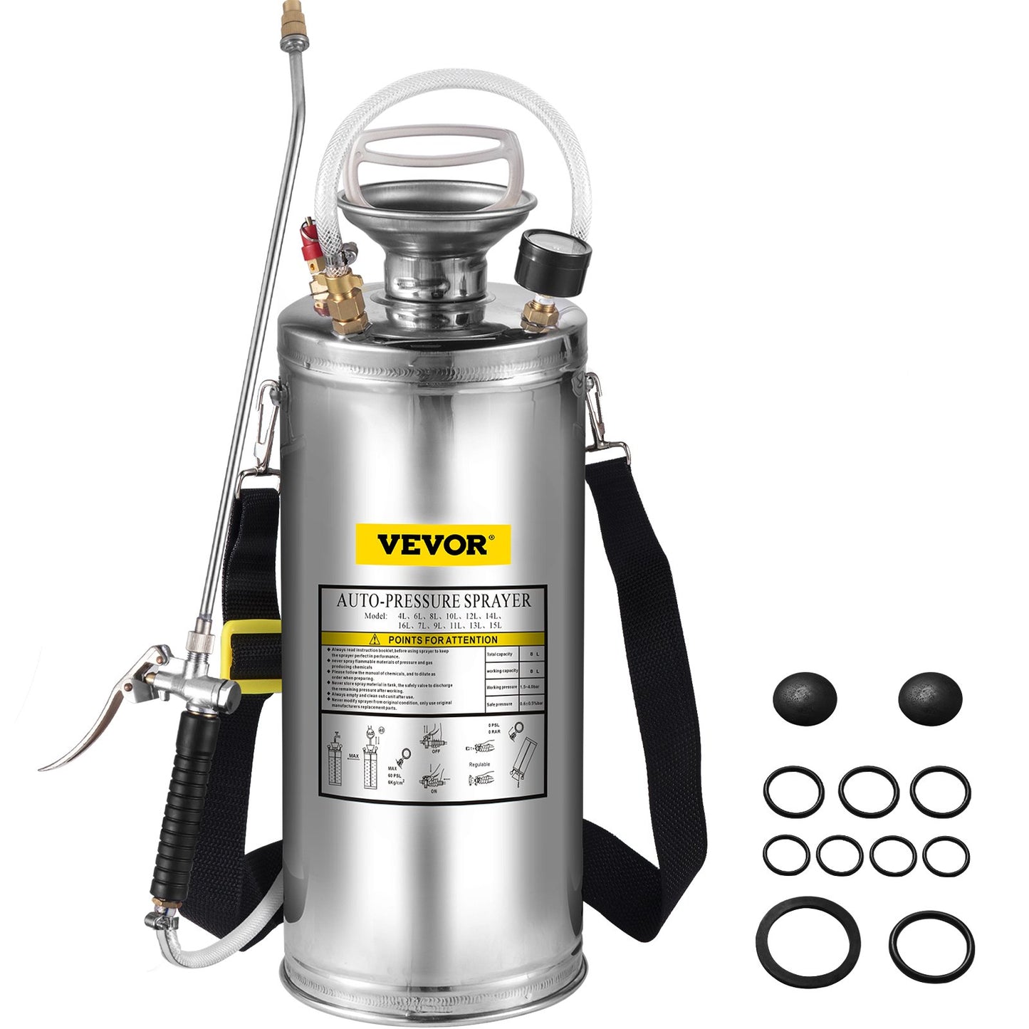 VEVOR 2Gal Stainless Steel Sprayer, Set with 20\" Wand& Handle& 3FT Reinforced Hose,