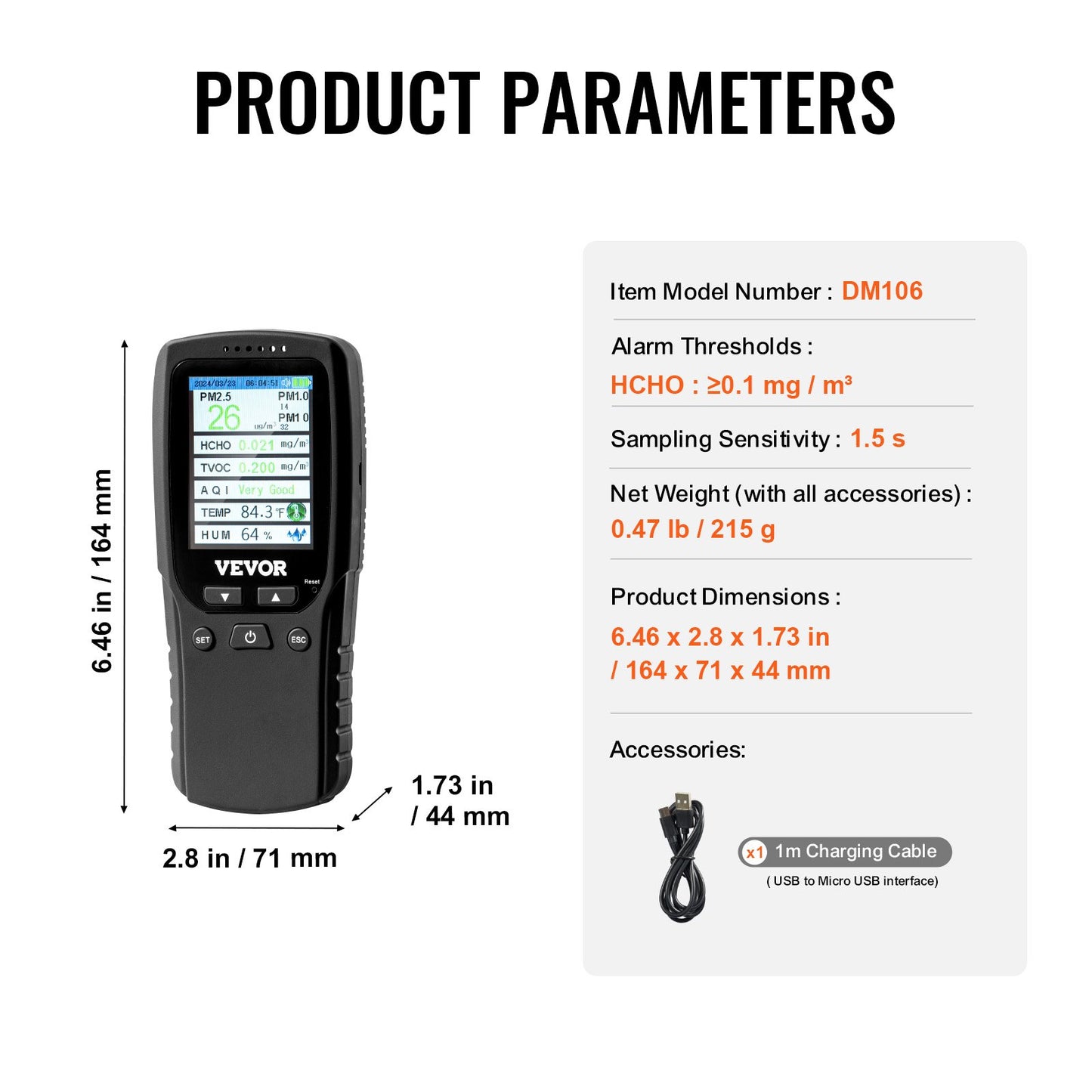 VEVOR 8-IN-1 Air Quality Monitor Meter PM1.0/2.5/10 HCHO TVOC Humidity Tester