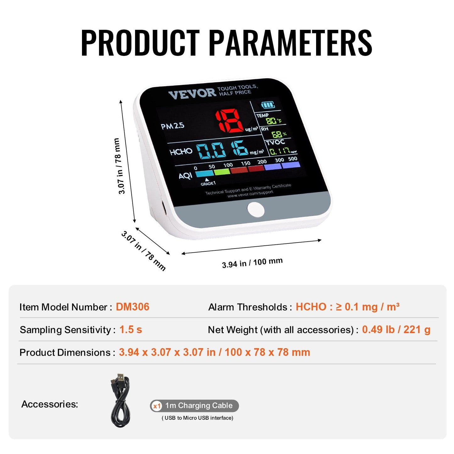 8-in-1 Air Quality Monitor with LCD Display - Tracks PM, HCHO, TVOC, and More