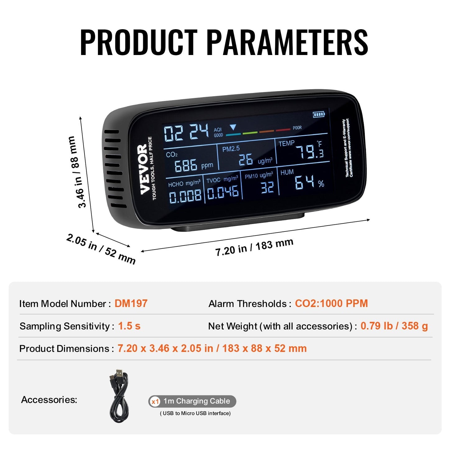 9-in-1 Air Quality Monitor with CO2 and PM Detection, LCD Display, Alarm Feature