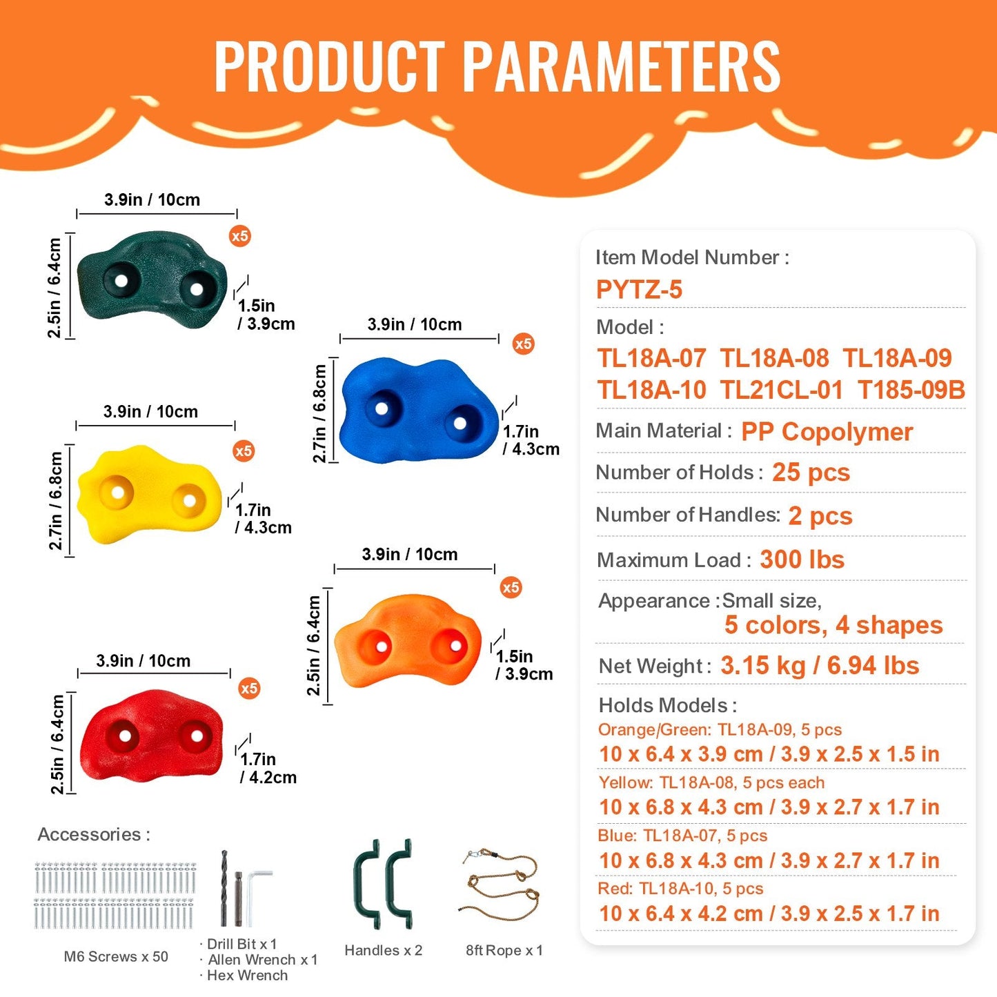 25-Piece Climbing Holds Set with Rope Handles, Max Load 136 kg, Indoor/Outdoor