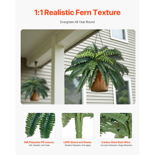 2Pcs Artificial Boston Ferns Plastic Fern 35 Branches Indoor Outdoor Decor