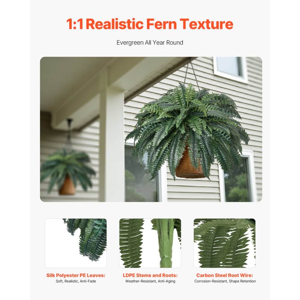 VEVOR Artificial Boston Fern Large Plastic Fern 88 Branches Indoor Outdoor Decor