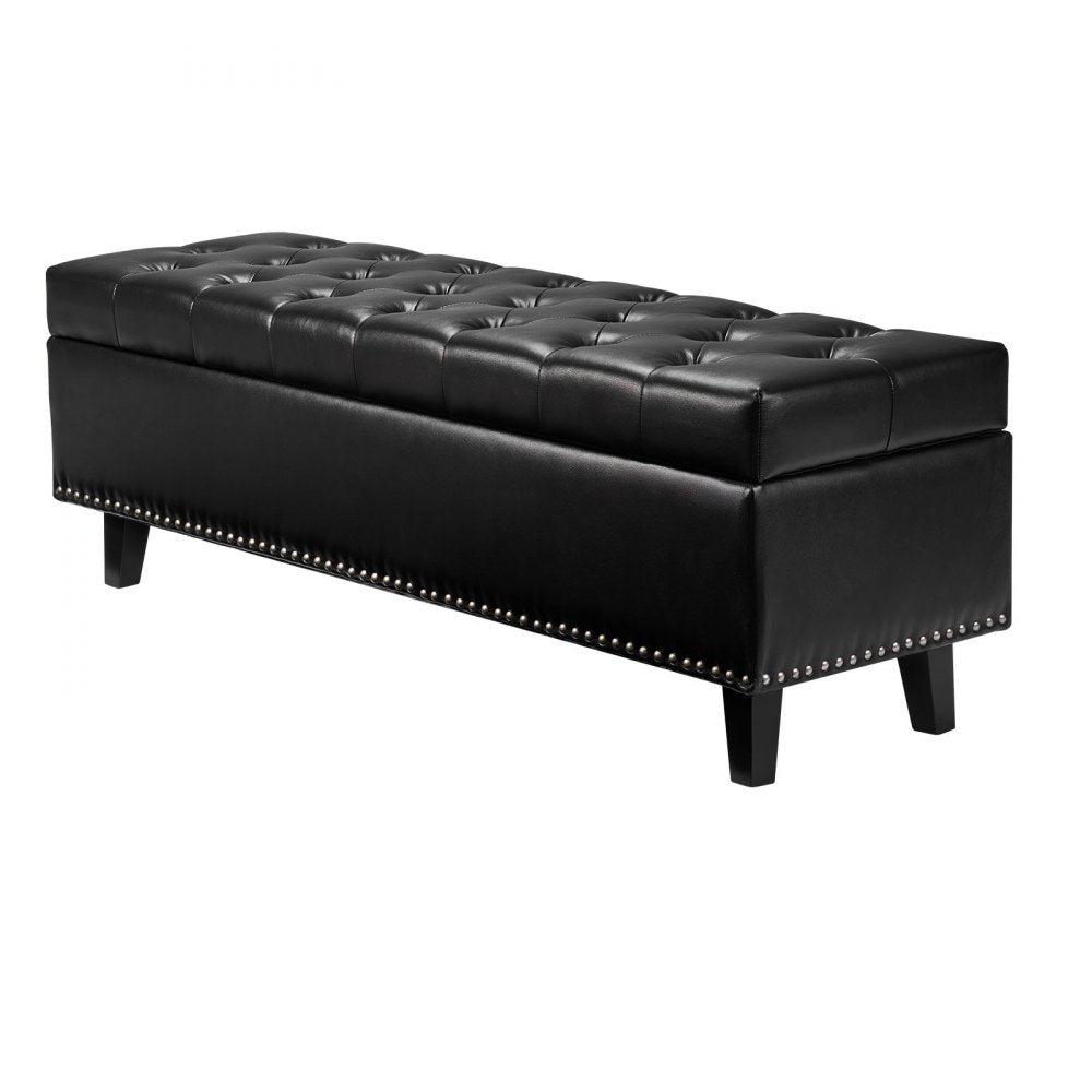 Button-Tufted Storage Ottoman Bench PU Leather Bench with Wood Legs 1305 x 415 x 440 mm Black