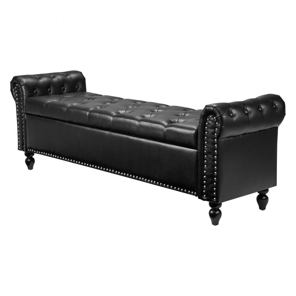 Button-Tufted Storage Ottoman Bench Rolled Arm PU Leather Wood Legs 1660 x 460 x 560 mm Black