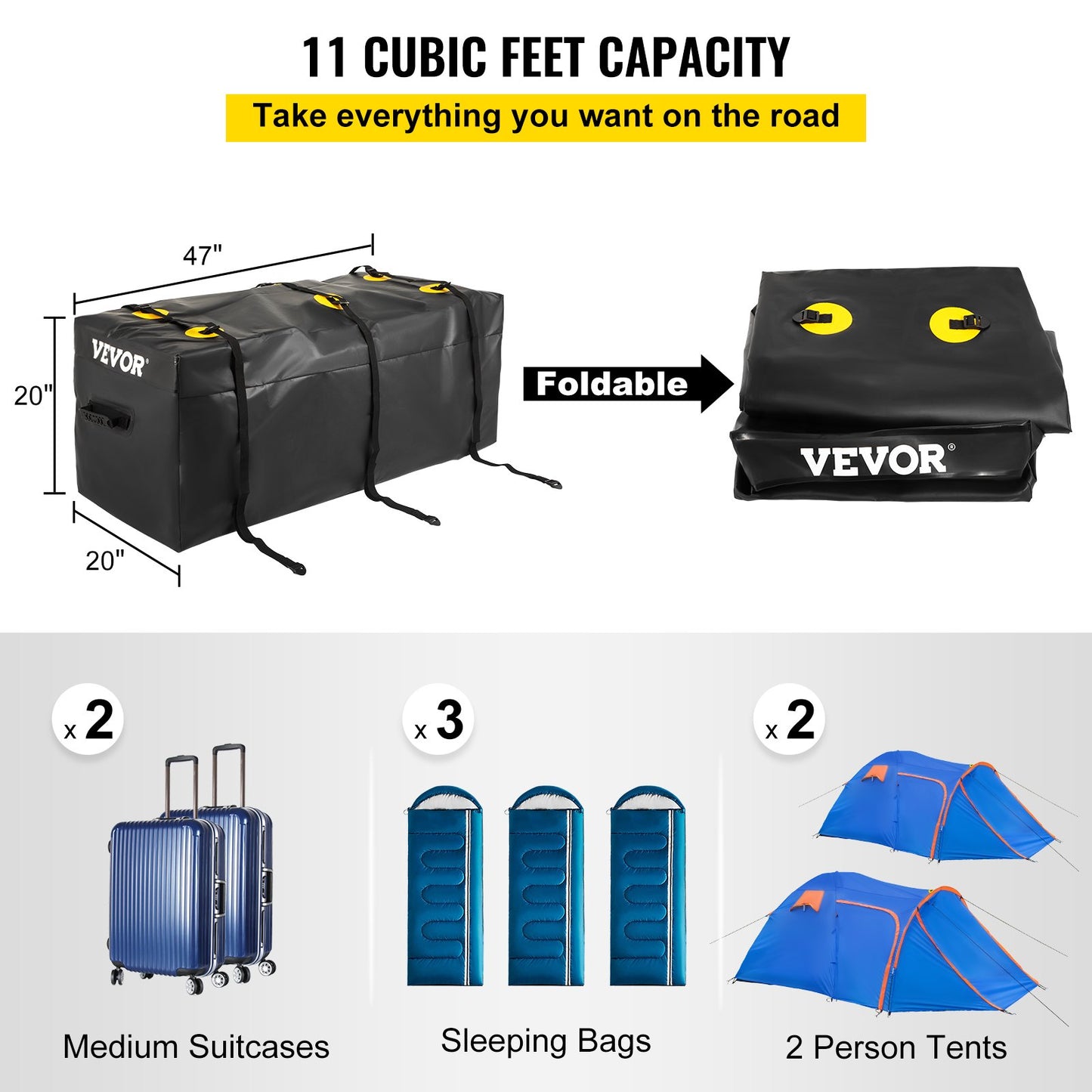 VEVOR Hitch Cargo Carrier Bag, Waterproof 840D PVC, 47\"x20\"x20\" (11 Cubic Feet),