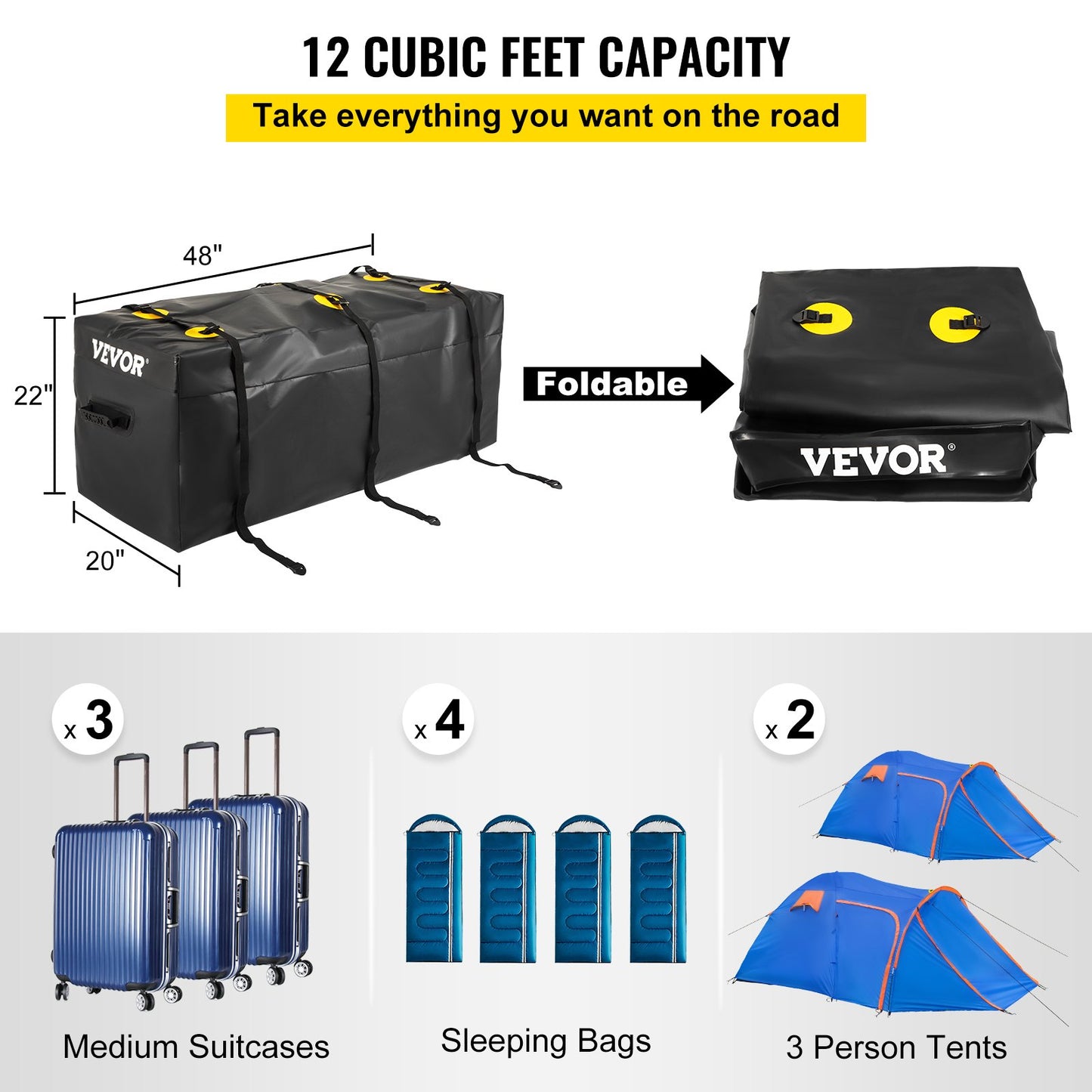 VEVOR Hitch Cargo Carrier Bag, Waterproof 840D PVC,121.9cmx50.8cmx55.9cm (12 Cubic