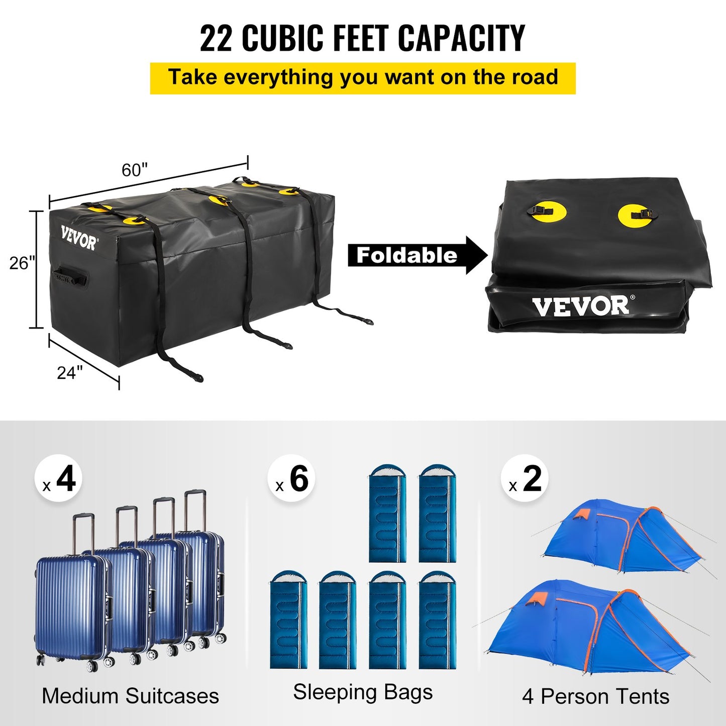 VEVOR Hitch Cargo Carrier Bag, Waterproof 840D PVC, 60\"x24\"x26\" (22 Cubic Feet),