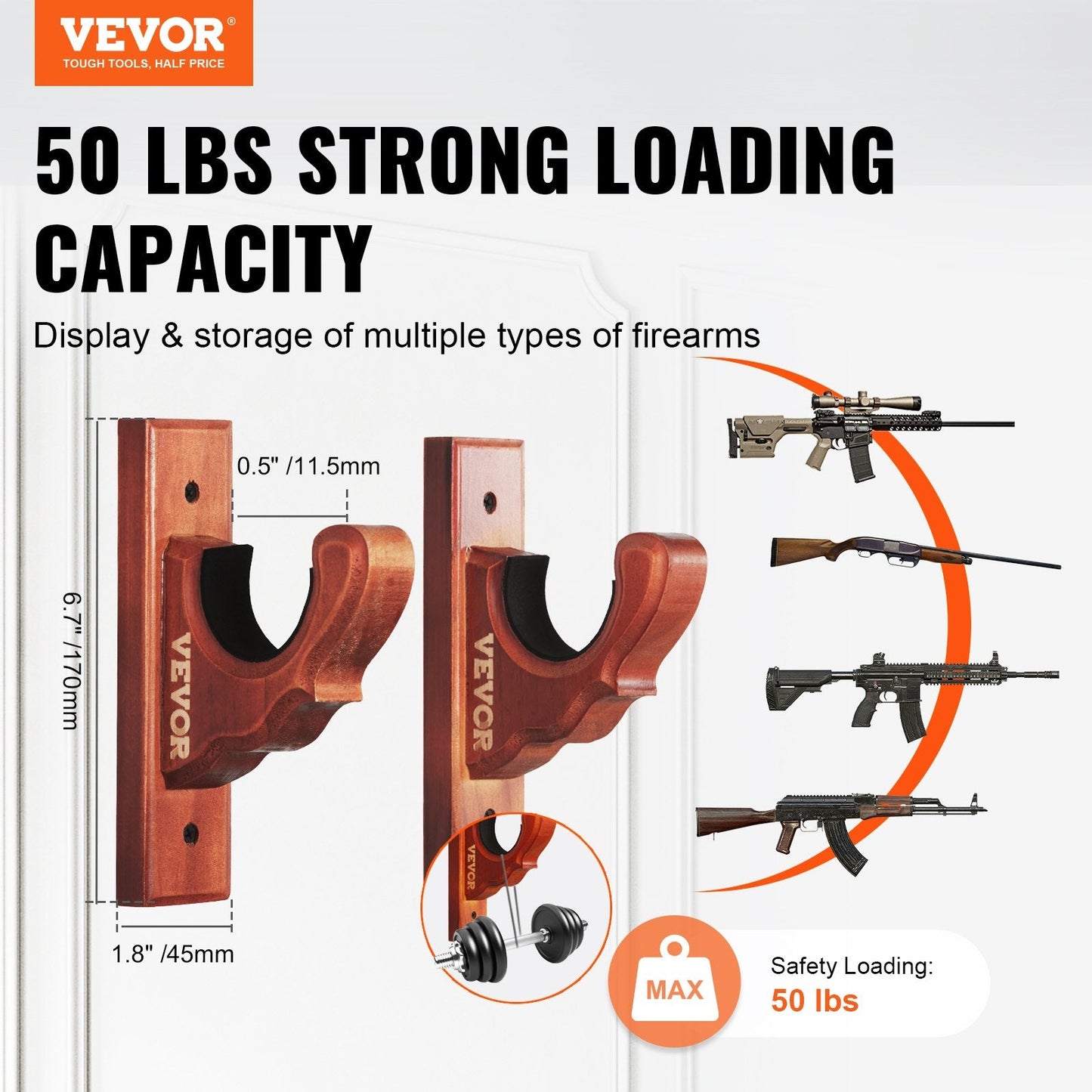 Wall-Mounted Wooden Gun Rack with Hooks for Single Firearm, 22.67 kg Capacity