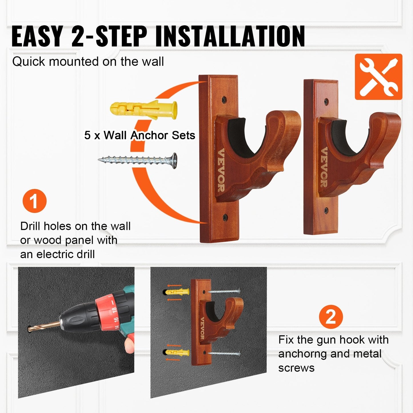 Wall-Mounted Wooden Gun Rack with Hooks for Single Firearm, 22.67 kg Capacity