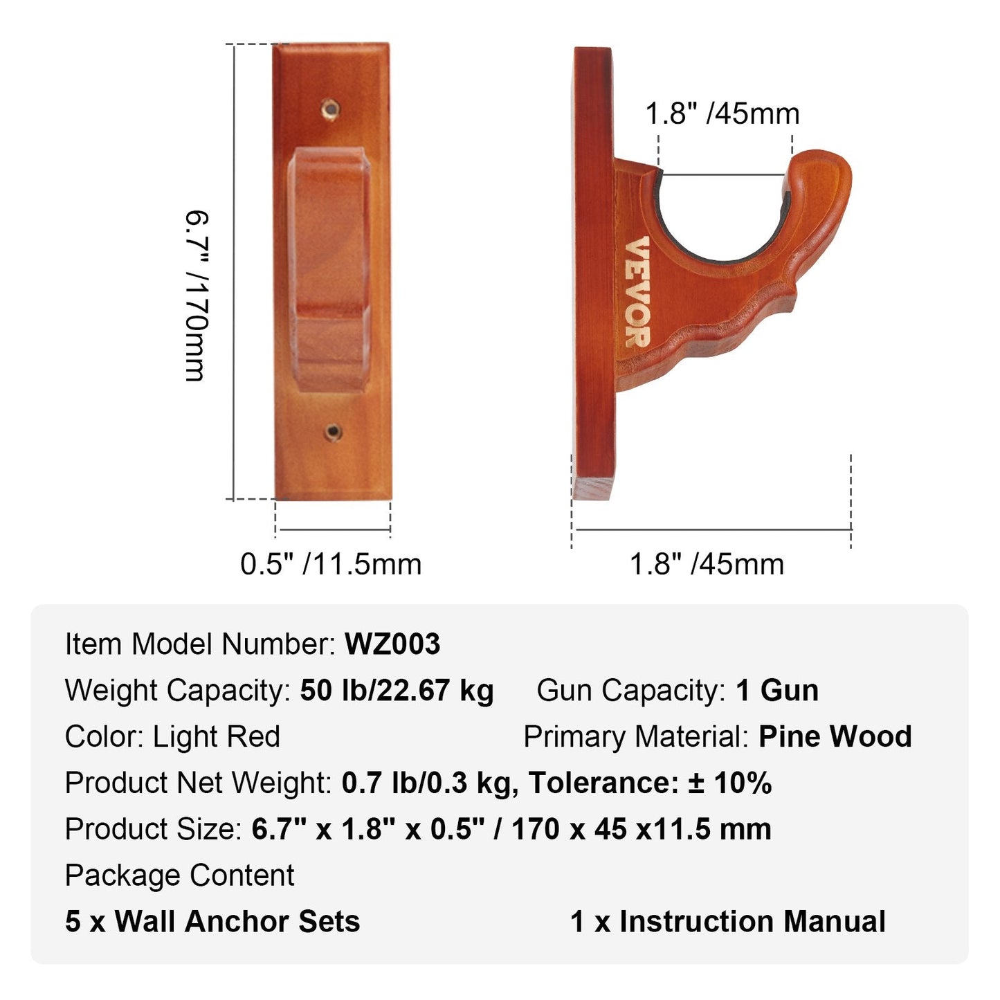 Wall-Mounted Wooden Gun Rack with Hooks for Single Firearm, 22.67 kg Capacity
