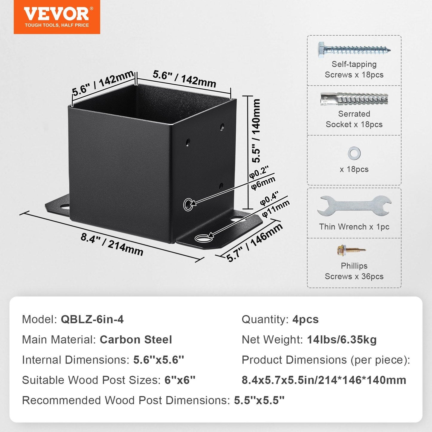Heavy Duty Matte Black Post Base Brackets, 4 Pcs, 0.15x0.15m for Deck Support