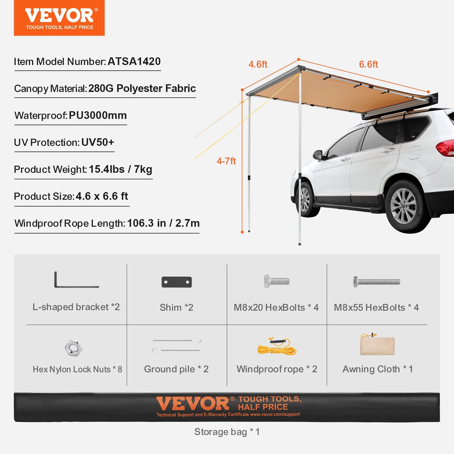 VEVOR Car Side Awning, Large 1.4x2m Shade Coverage Vehicle Awning, PU3000mm UV50+