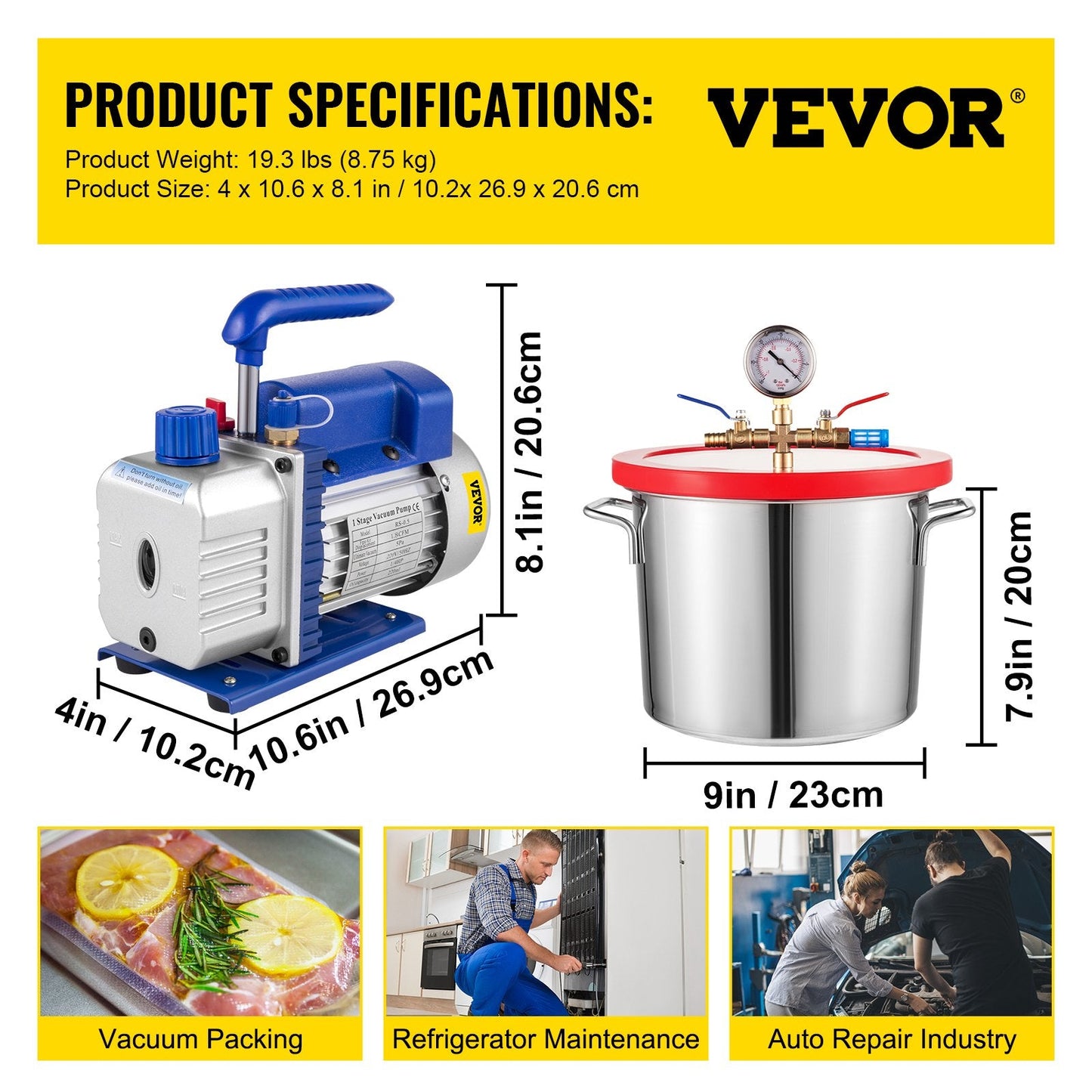 1.8 CFM Vacuum Pump with 7.5L Chamber, 1/4 HP, Copper Motor, Low Noise