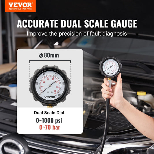 Diesel compression tester with dual-scale 0 to 1000 psi and 0 to 70 bar pressure display
