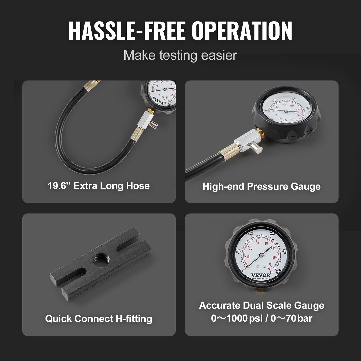 Diesel Engine Compression Tester Kit, 18-Piece, 0-1000 psi Gauge & Adapters