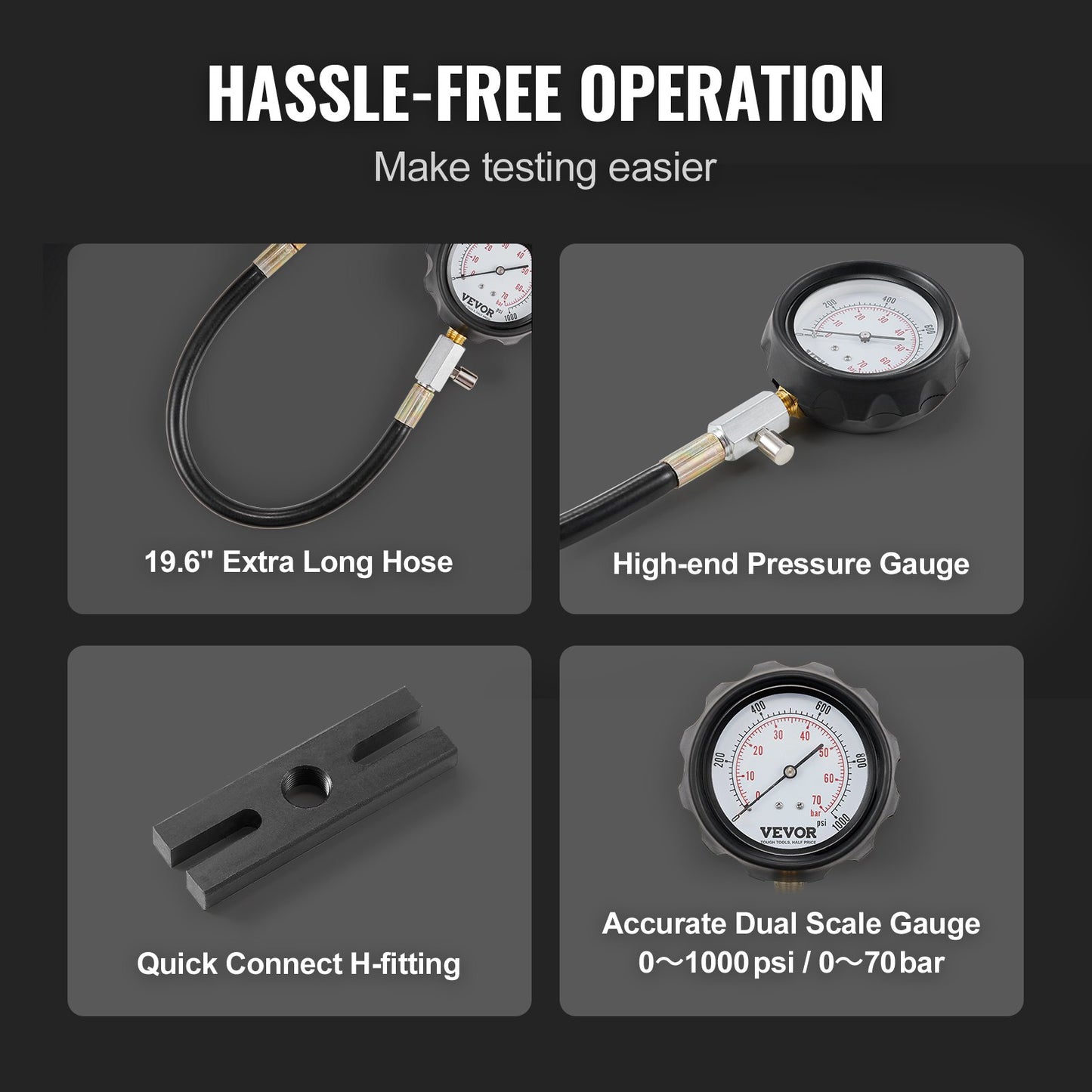 VEVOR Diesel Engine Compression Tester, 18 pcs Cylinder Pressure Test Tool Kit,