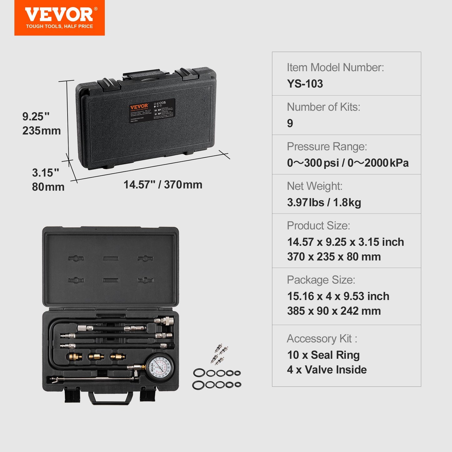VEVOR Compression Tester Adapter Kit, 9 Pcs Automotive Engine Cylinder Leak Down