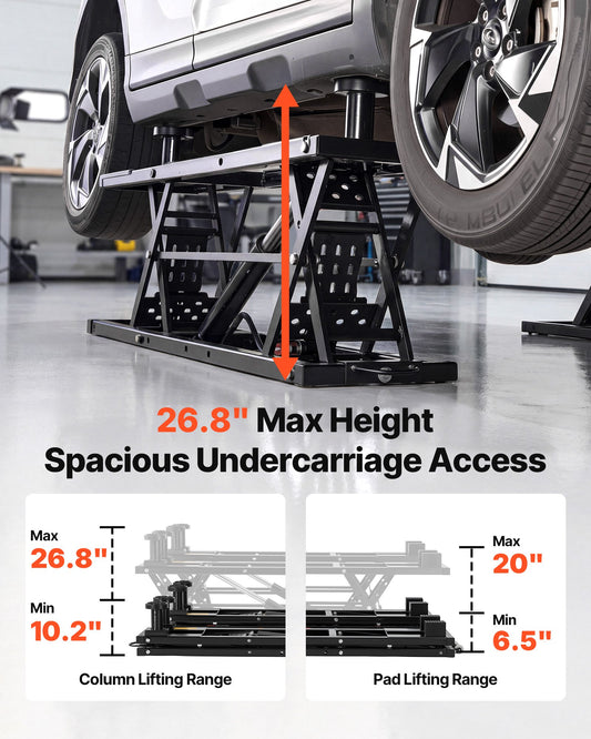 Portable Car Lift, 3 Ton Capacity, Heavy Duty Steel Truck Lift with 680 mm Max Height, Pneumatic Pump, Wheels, 4 Rubber Pads & 4 Lifting Columns for Cars, SUVs, Trucks, Home Garage or Shop Use