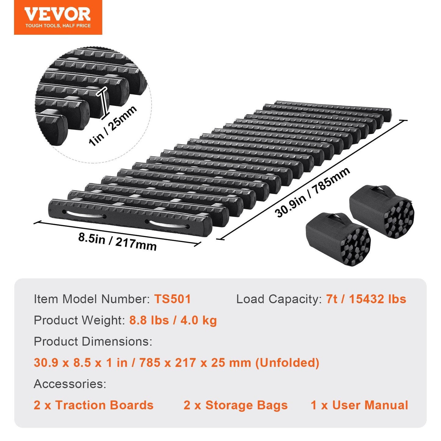 2 Traction Boards with TPR for Mud, Snow, Sand - 7-Ton Capacity, 0.78m Length