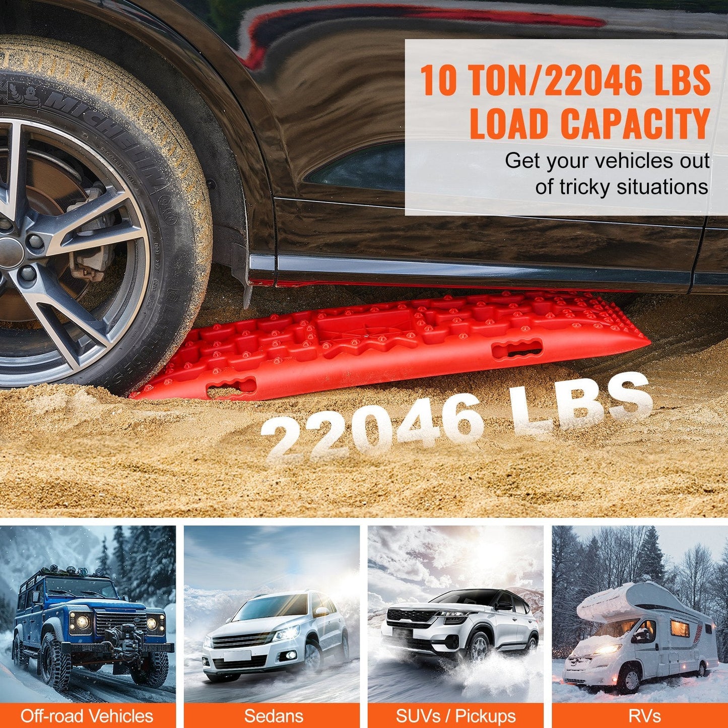 2PCS Red Traction Boards for Mud, Snow, Sand with Storage Bag, 10-ton Capacity