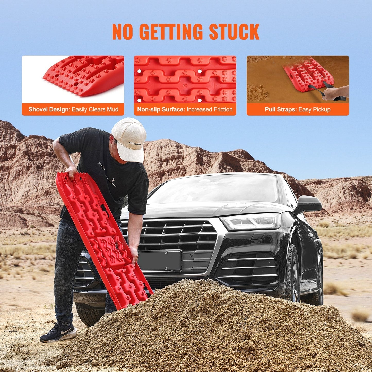 2PCS Red Traction Boards for Mud, Snow, Sand with Storage Bag, 10-ton Capacity