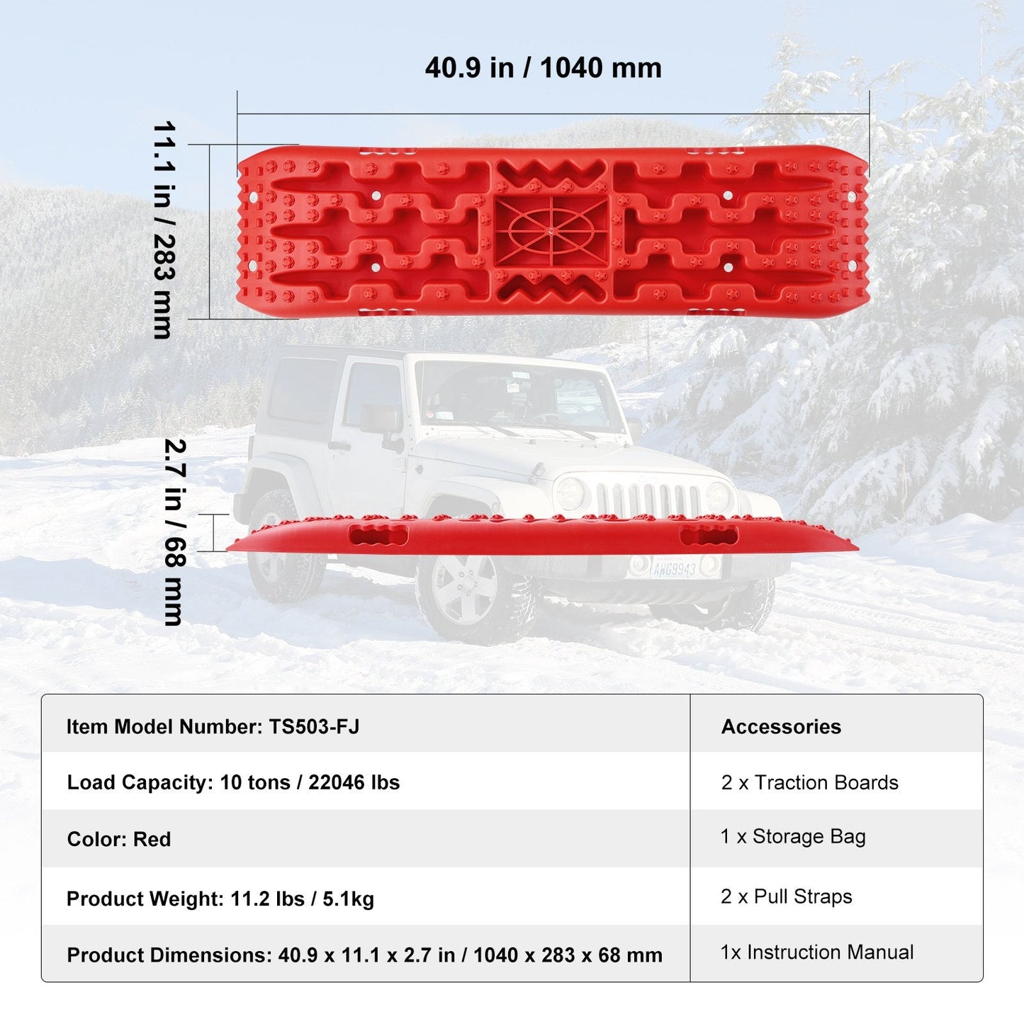 2PCS Red Traction Boards for Mud, Snow, Sand with Storage Bag, 10-ton Capacity