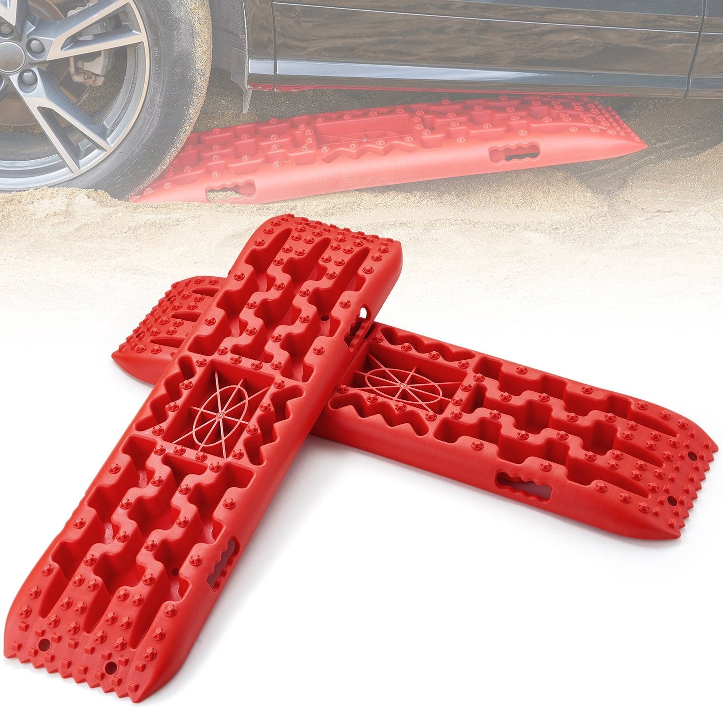 2PCS Red Traction Boards for Mud, Snow, Sand with Storage Bag, 10-ton Capacity