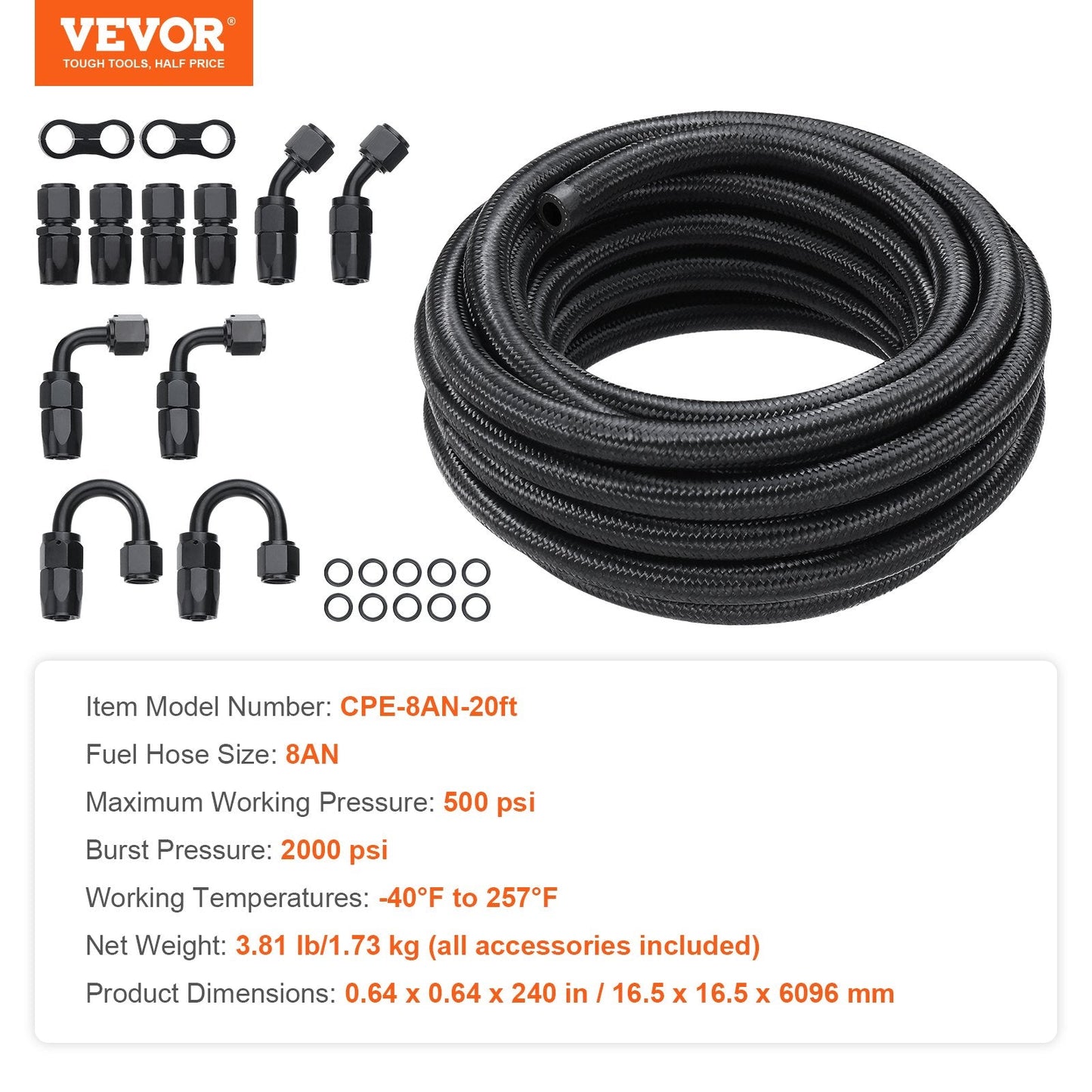 8AN Fuel Line Kit, 6.1m Braided Hose with 12 Swivel Fittings, Black