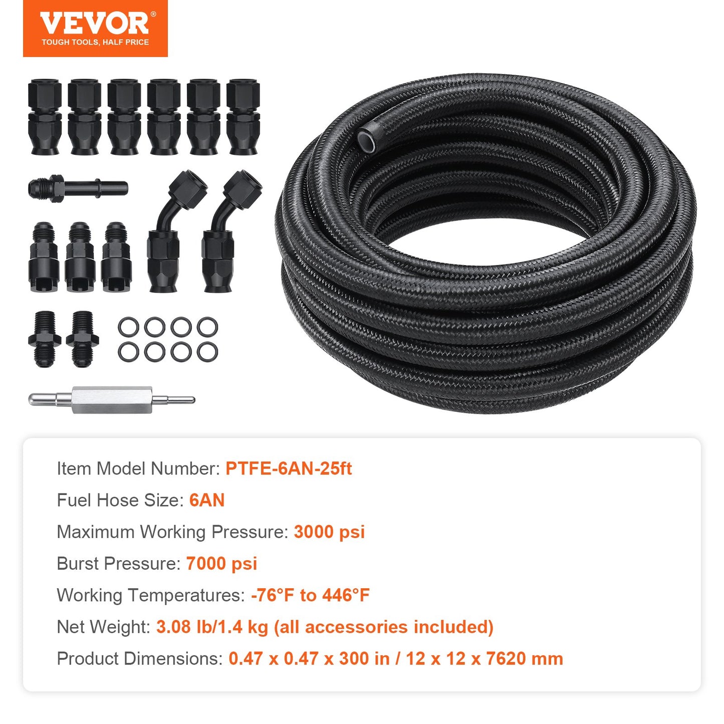 VEVOR 6AN Fuel Line Kit, 7.62 m Fuel Hose Kit, Nylon Stainless Steel Braided PTFE