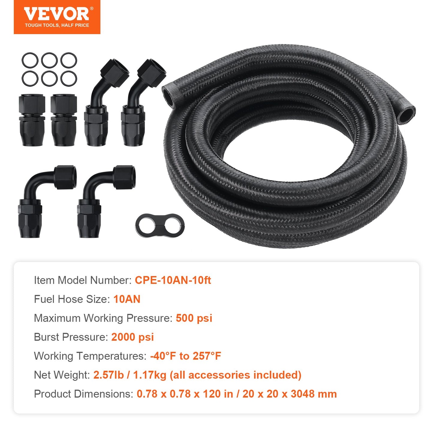 VEVOR 10AN Fuel Line Kit, 3.05 m Fuel Hose Kit, 1.4 cm Nylon Stainless Steel Braided