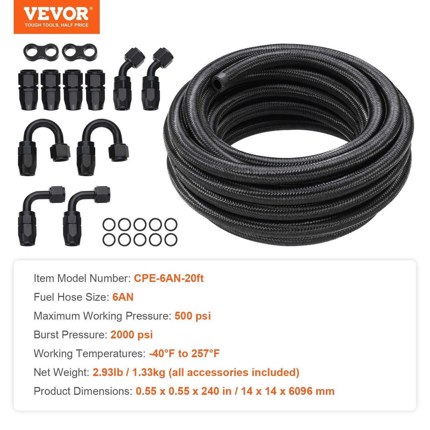 20-Foot 6AN Fuel Line Kit, Nylon-Braided Stainless Steel with 12 Fittings