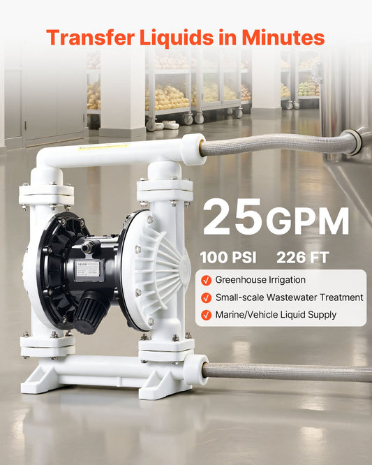 Air Operated Double Diaphragm Pump, 94.64 LPM Max, Standard Inlet & Outlet Air Pneumatic Waste Oil Transfer Pump, Polypropylene Body, Dual Diaphragms, for Diesel, Grease, Kerosene, Gasoline