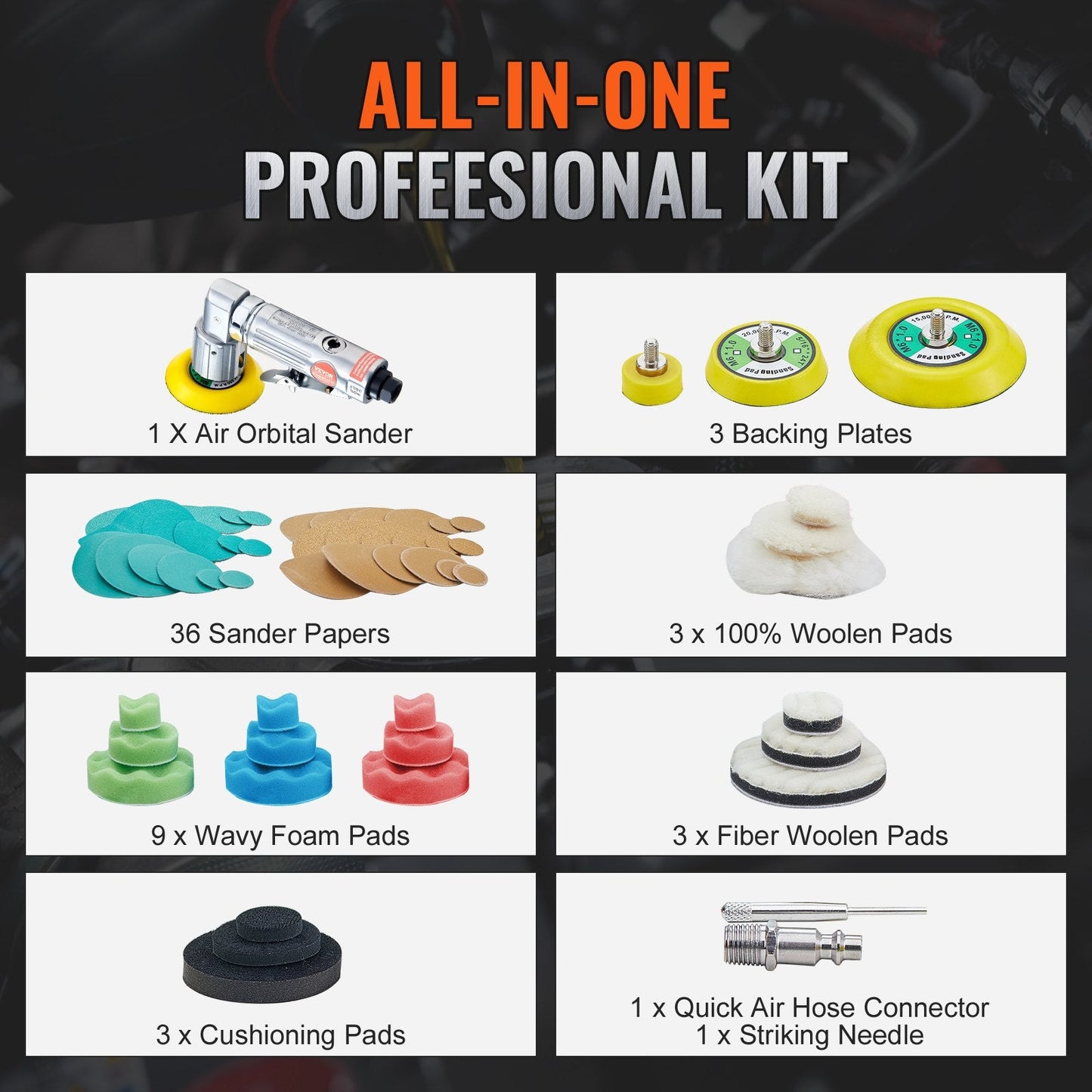 58-Piece Random Orbital Air Sander Kit with 0.5/1/1.5m Pads, 15000 RPM Speed