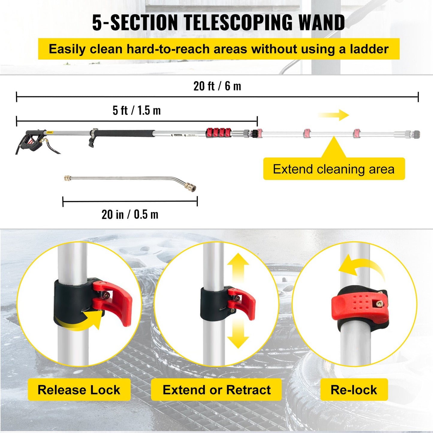 VEVOR Telescoping Pressure Washer Wand, 20 ft 5-Section Length Adjustable, Max.