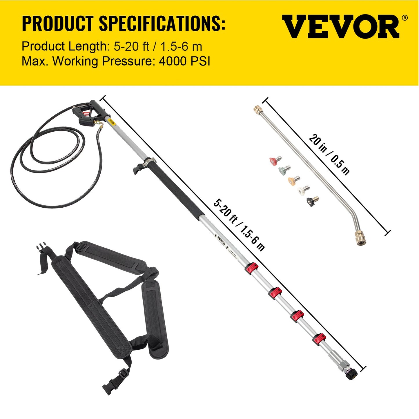VEVOR Telescoping Pressure Washer Wand, 20 ft 5-Section Length Adjustable, Max.