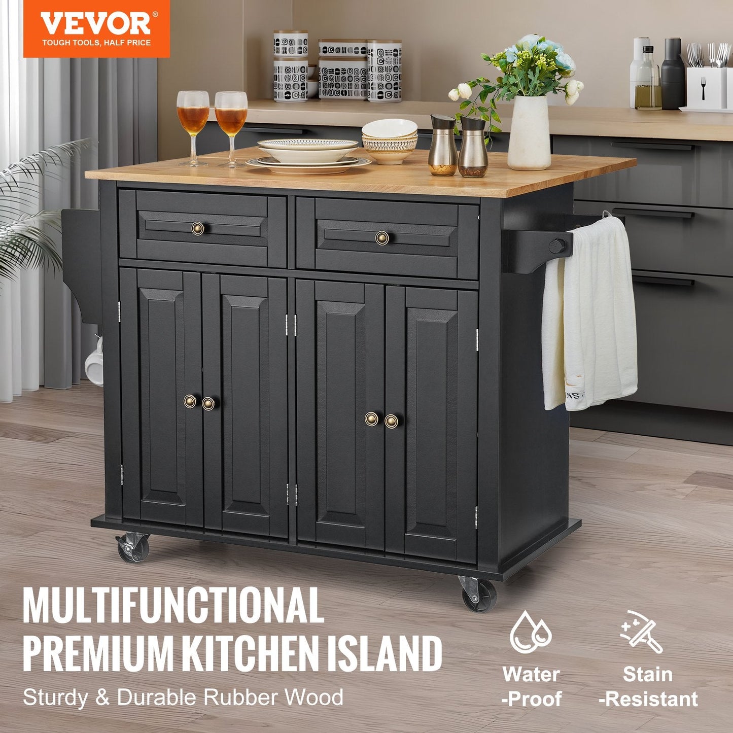 Mobile Kitchen Island Cart with Drawer & Shelves, 1.1m, 36.3kg, Wood & Black