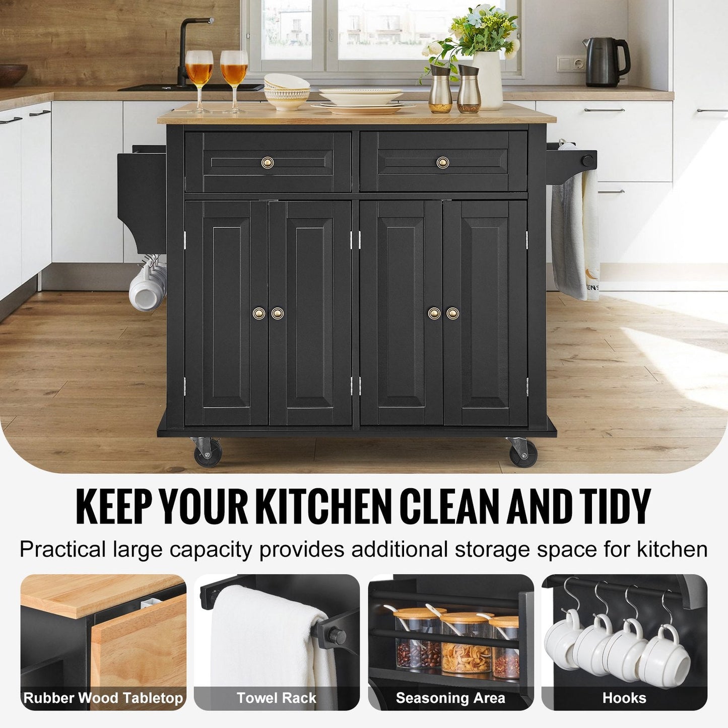 Mobile Kitchen Island Cart with Drawer & Shelves, 1.1m, 36.3kg, Wood & Black