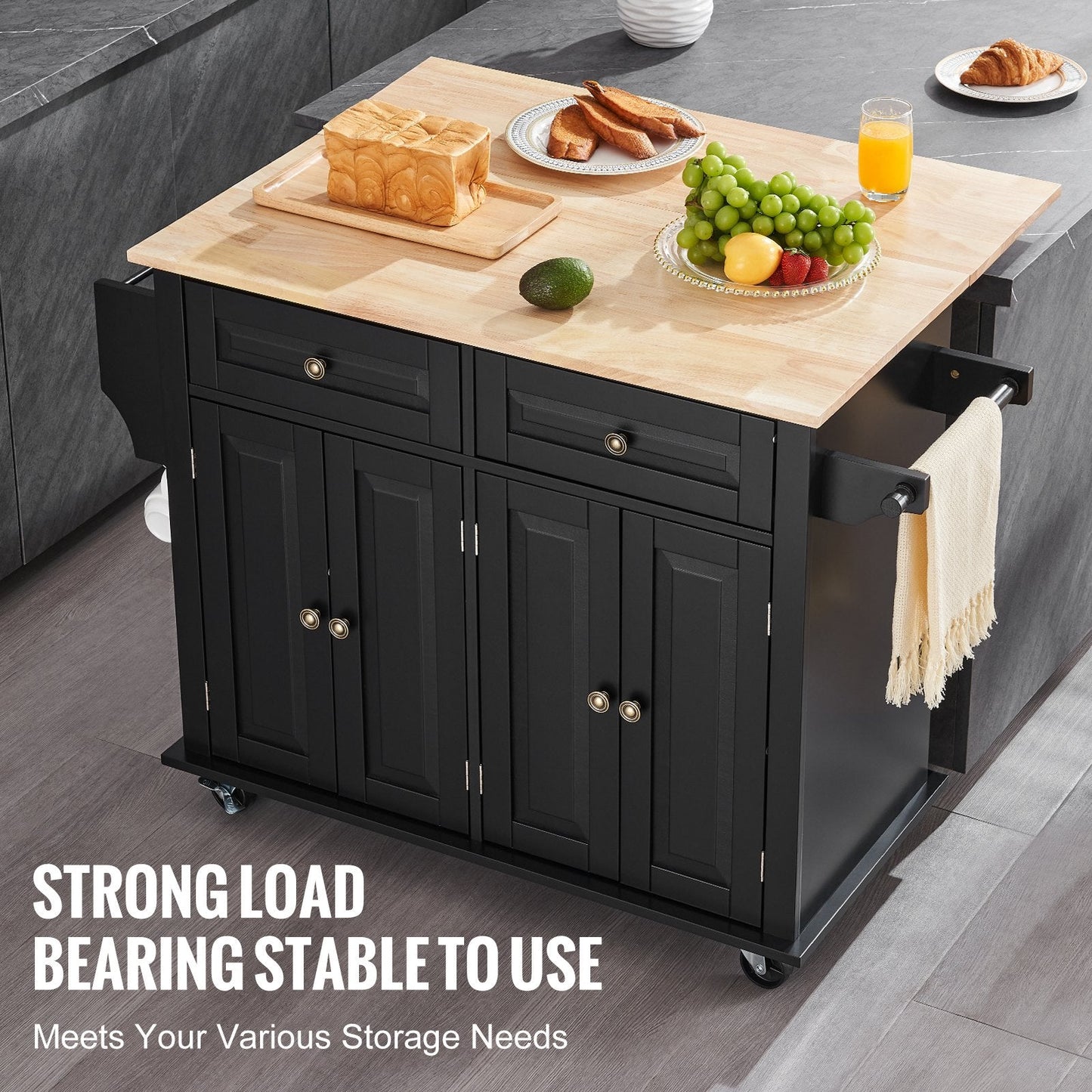 Mobile Kitchen Island Cart with Drawer & Shelves, 1.1m, 36.3kg, Wood & Black
