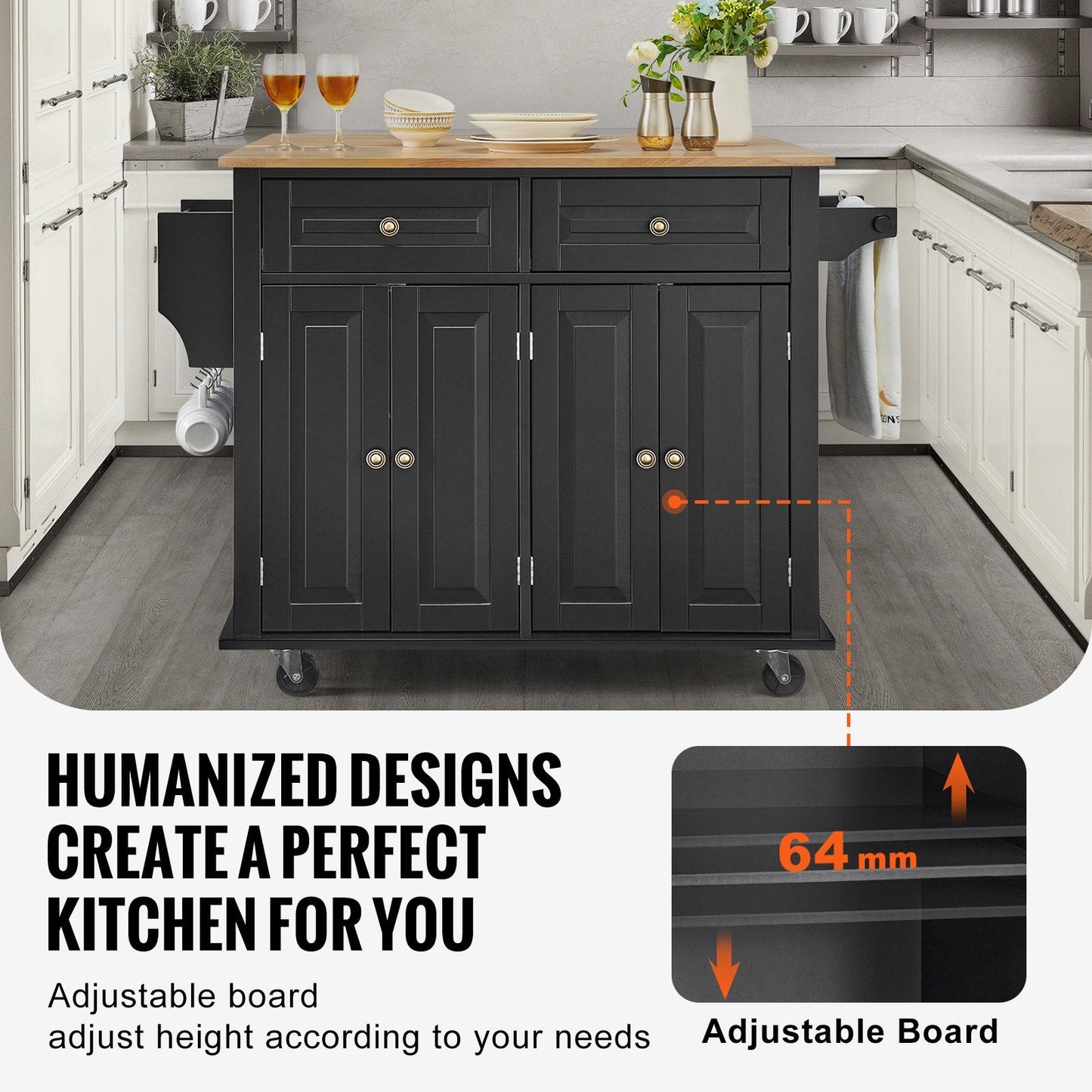 Mobile Kitchen Island Cart with Drawer & Shelves, 1.1m, 36.3kg, Wood & Black
