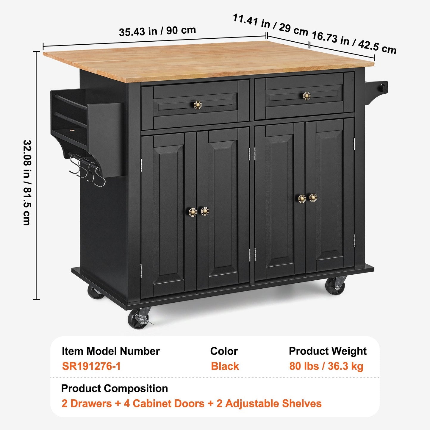 Mobile Kitchen Island Cart with Drawer & Shelves, 1.1m, 36.3kg, Wood & Black