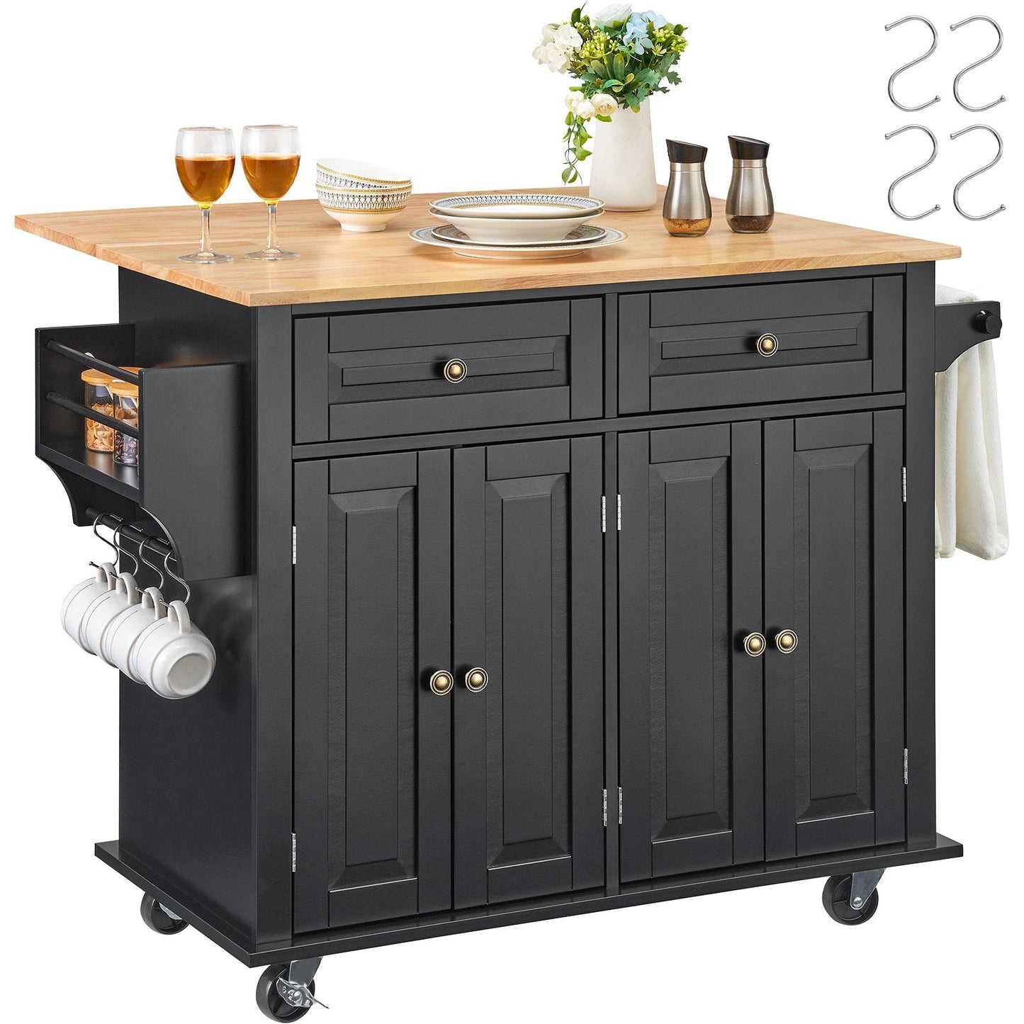 Mobile Kitchen Island Cart with Drawer & Shelves, 1.1m, 36.3kg, Wood & Black