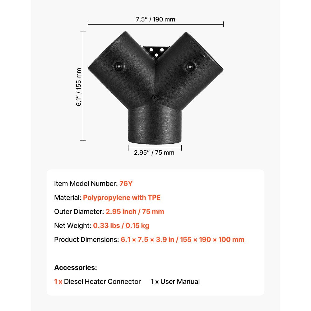 Diesel Heater Connector, 75mm Diesel Heater Duct Connector Accessories, 3-Way Y Branch Diesels Heaters Air Vent Duct with 2 90° Rotatable Valves, Black Joint Connectors for 2KW 5KW 8KW Heaters