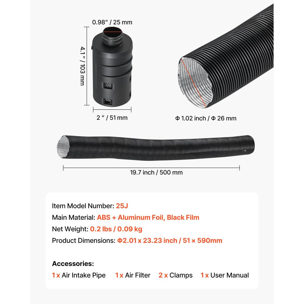 Diesel Heater Intake Pipe Kit, 25mm Car Air Parking Heater Ducting Pipe Hose Tube, Stretchable & Bendable Car Air Intake Filter Silencer Hose Pipes Kit with Clamps for 2KW 5KW 8KW Diesel Heaters